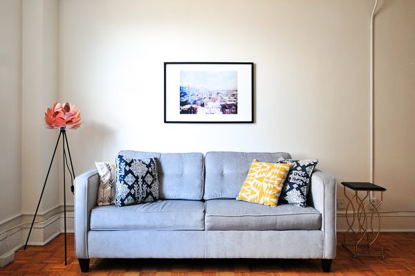 a clean, staged living room in a small home