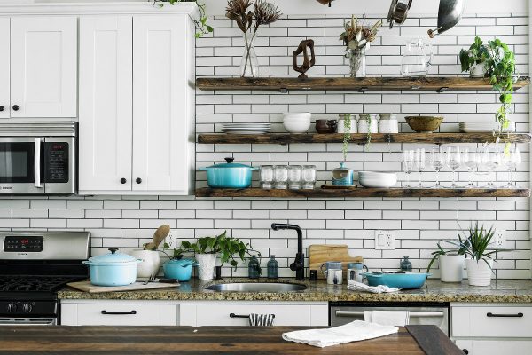 white modern kitchen with wood accents